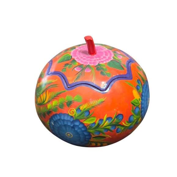 Handcrafted Mexican Painted Gourd Bowl With Floral Design - Picture 1 of 7
